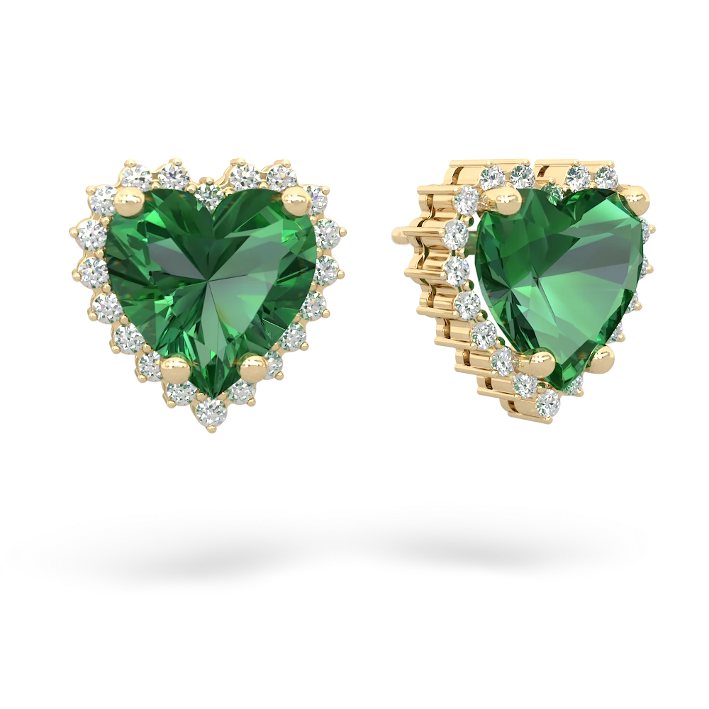 Lab Emerald Sparkling Halo Heart 14K Yellow Gold earrings E0391