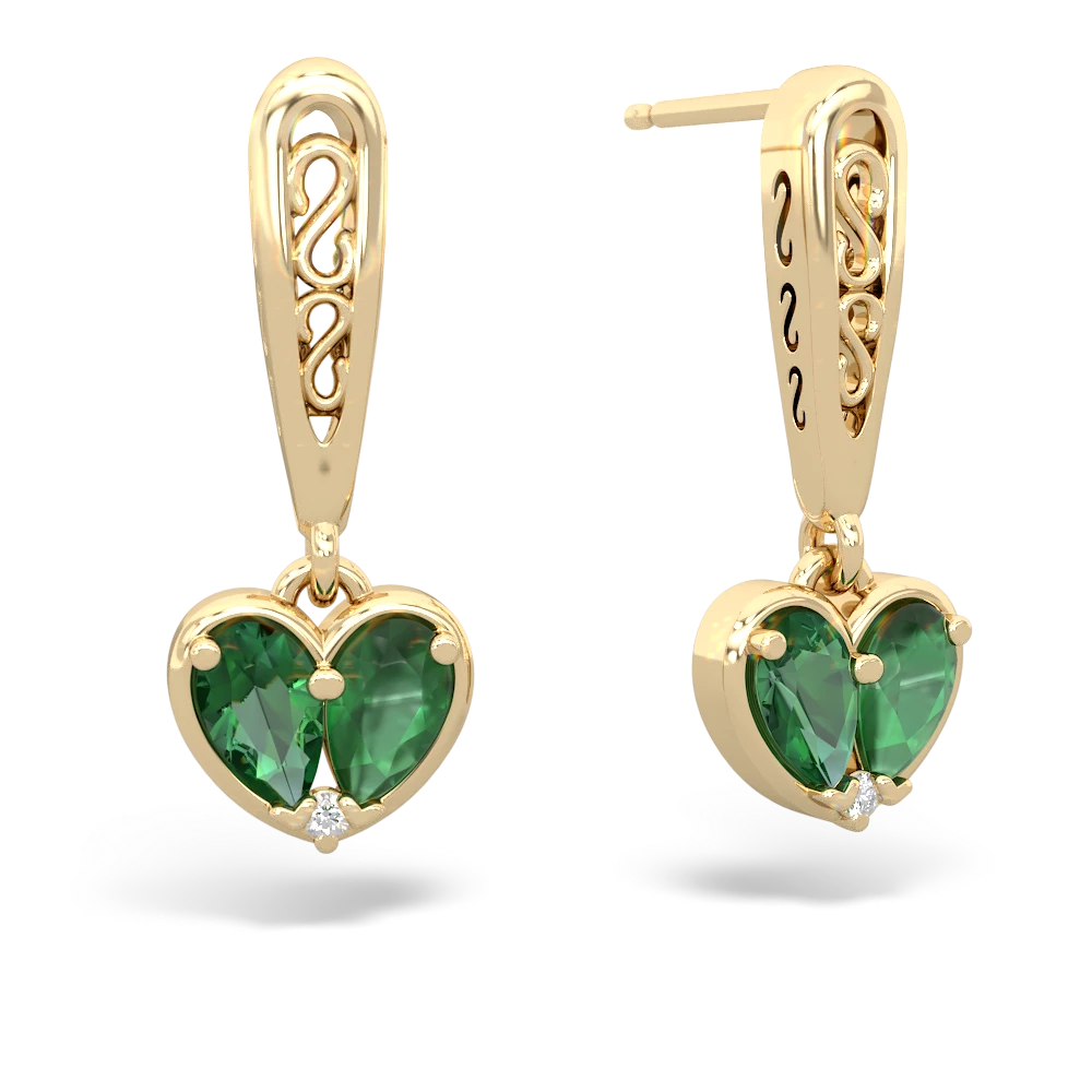 Lab Emerald Filligree Heart 14K Yellow Gold earrings E5070