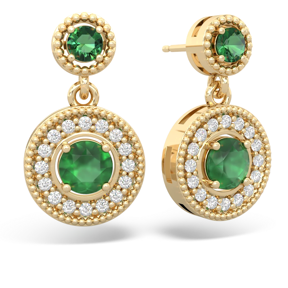 Lab Emerald Halo Dangle 14K Yellow Gold earrings E5319