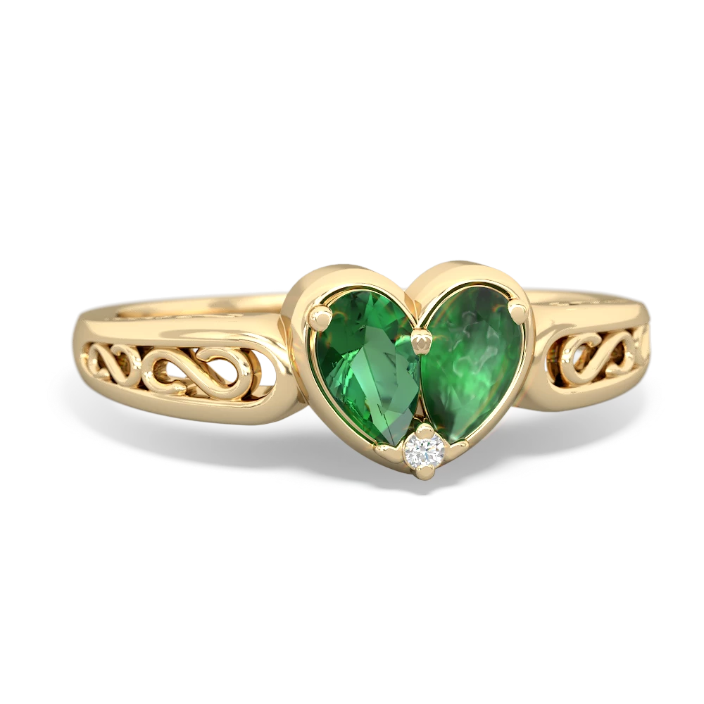 Lab Emerald Filligree 'One Heart' 14K Yellow Gold ring R5070