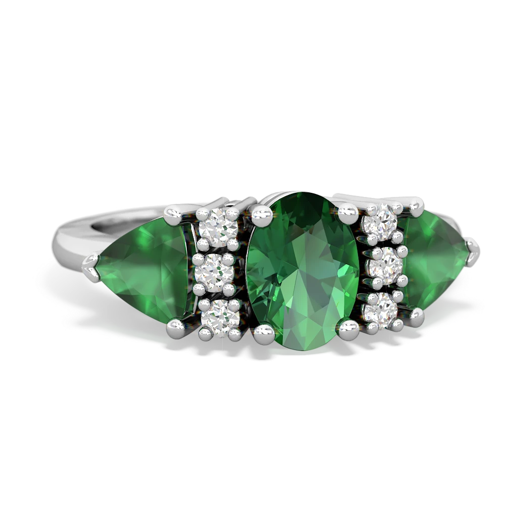 Lab Emerald Antique Style Three Stone 14K White Gold ring R2186