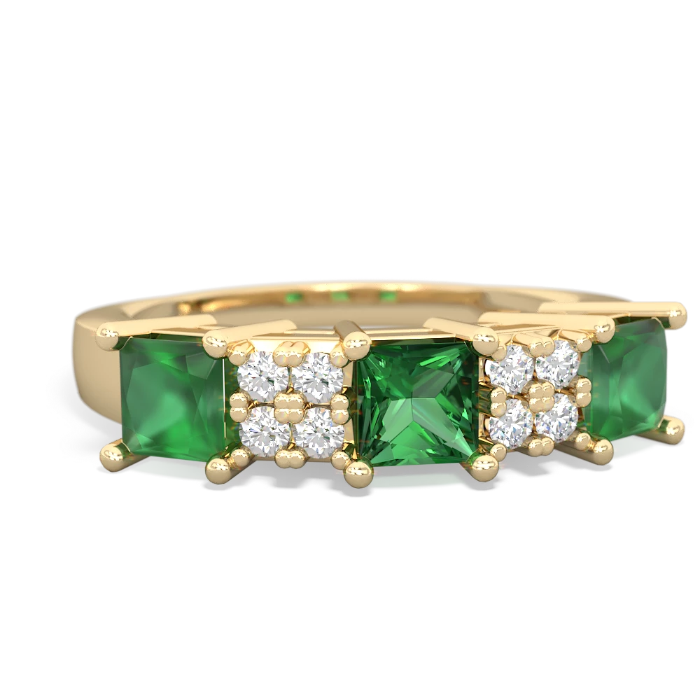 Lab Emerald Three Stone Diamond Cluster 14K Yellow Gold ring R2592