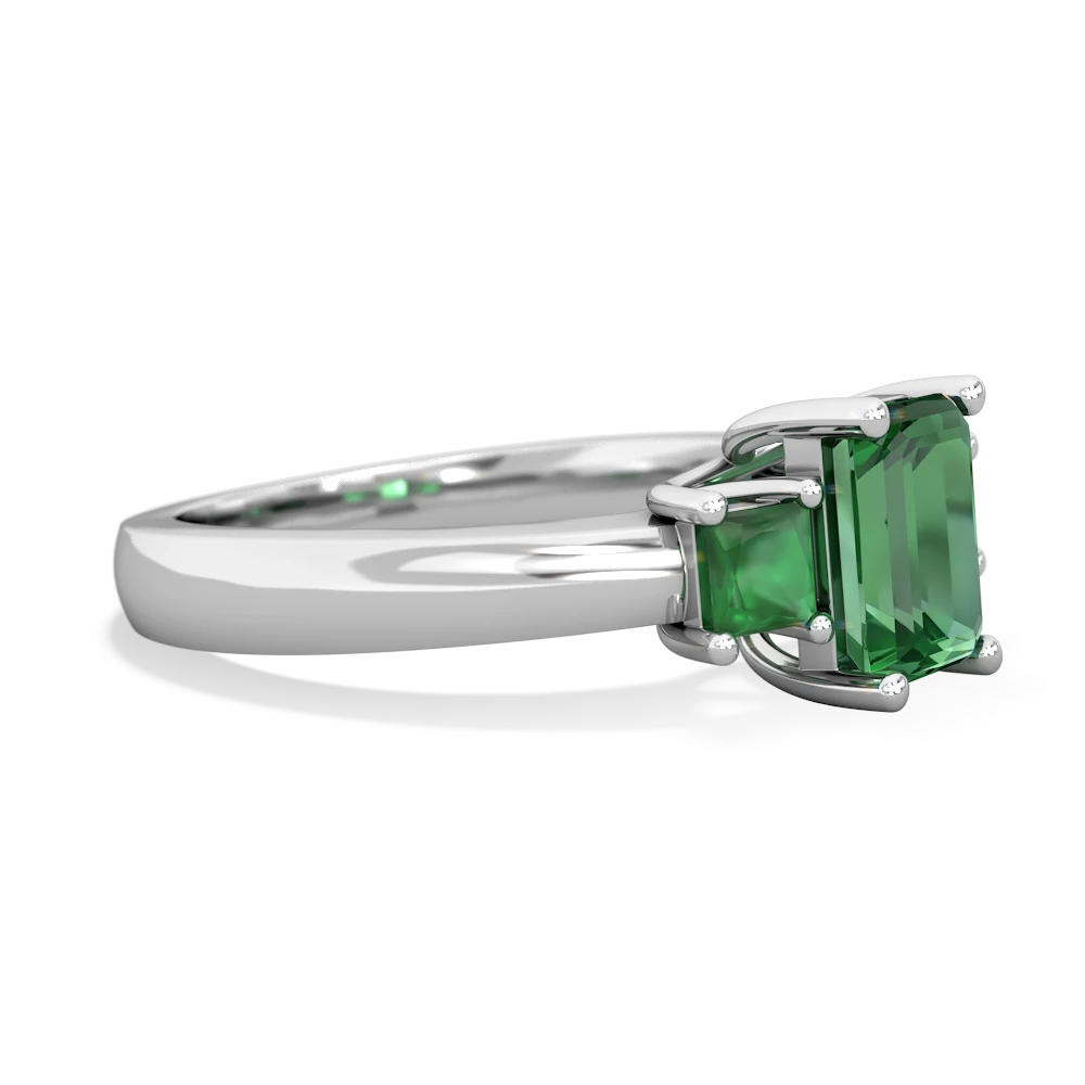 Lab Emerald Three Stone Emerald-Cut Trellis 14K White Gold ring R4021