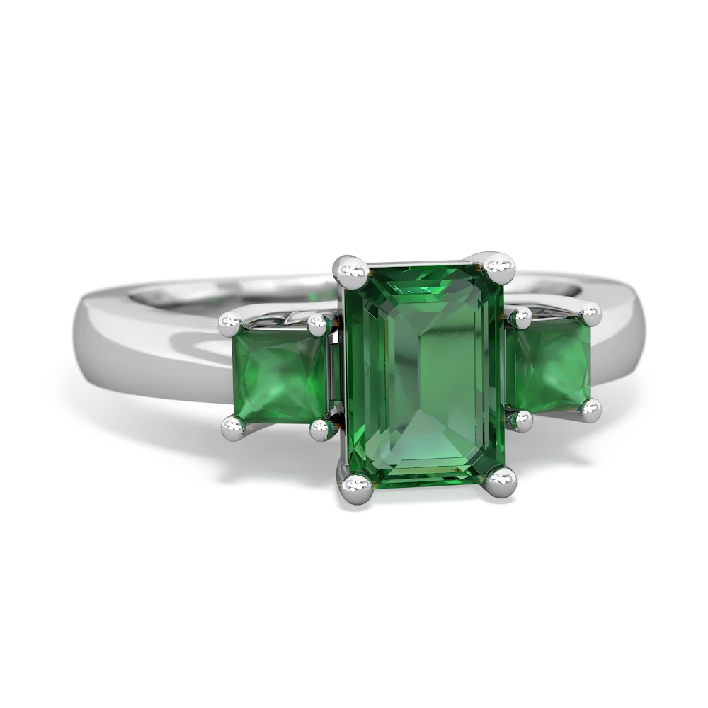 Lab Emerald Three Stone Emerald-Cut Trellis 14K White Gold ring R4021