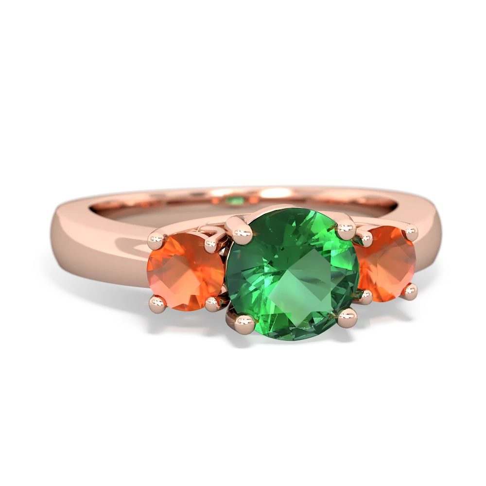 Lab Emerald Three Stone Round Trellis 14K Rose Gold ring R4018