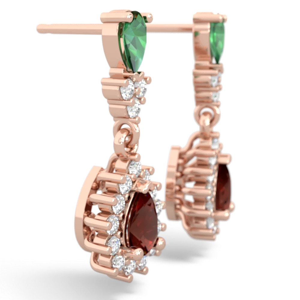 Lab Emerald Halo Pear Dangle 14K Rose Gold earrings E1882