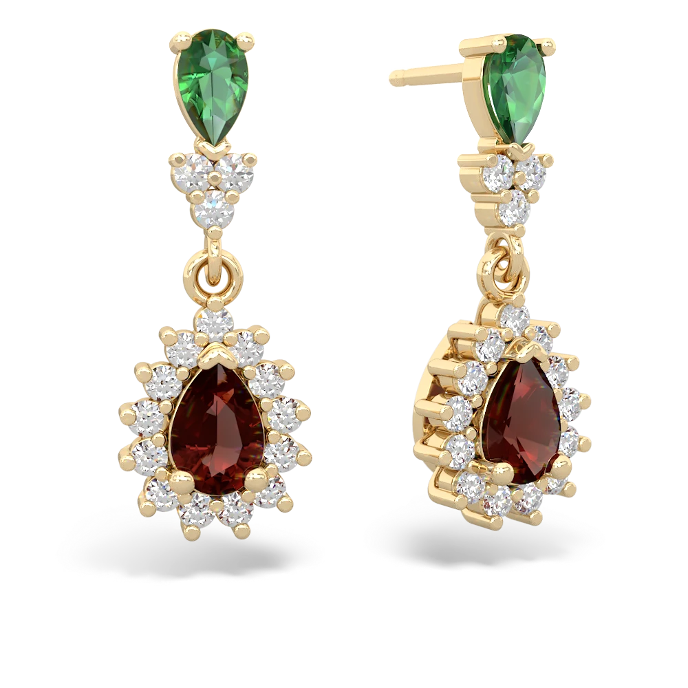 Lab Emerald Halo Pear Dangle 14K Yellow Gold earrings E1882