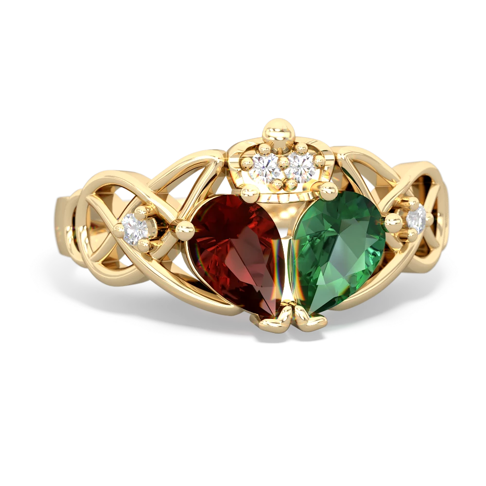 Lab Emerald 'One Heart' Celtic Knot Claddagh 14K Yellow Gold ring R5322