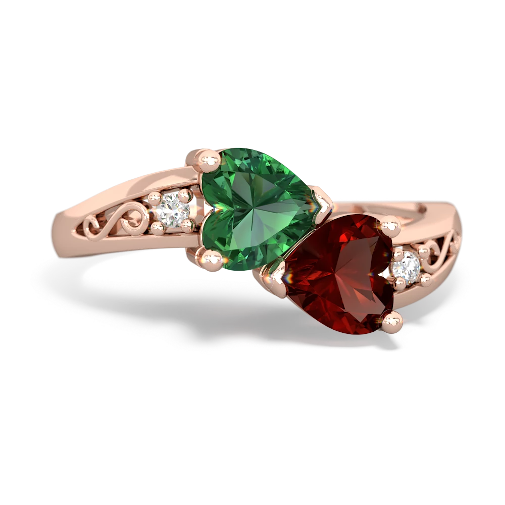 Lab Emerald Snuggling Hearts 14K Rose Gold ring R2178