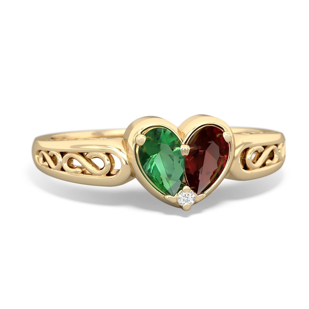 Lab Emerald Filligree 'One Heart' 14K Yellow Gold ring R5070