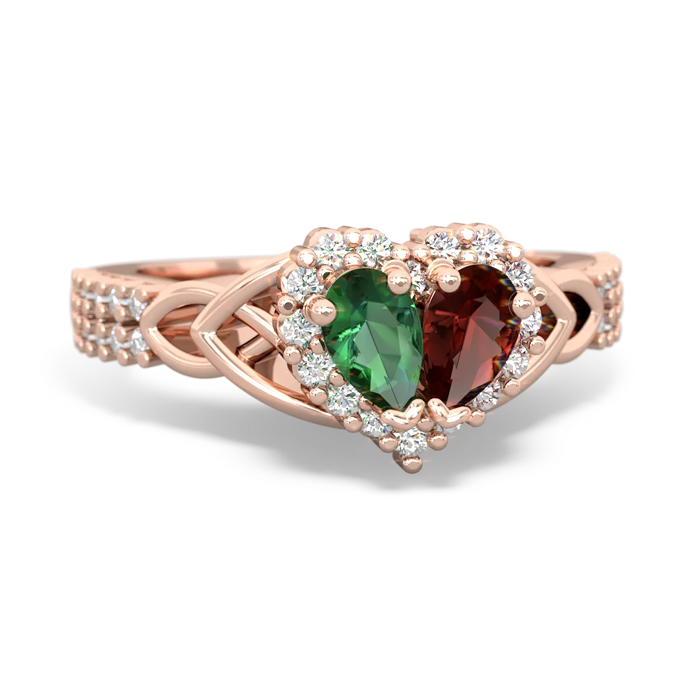 Lab Emerald Celtic Knot Two Hearts As One 14K Rose Gold ring R2644HRT