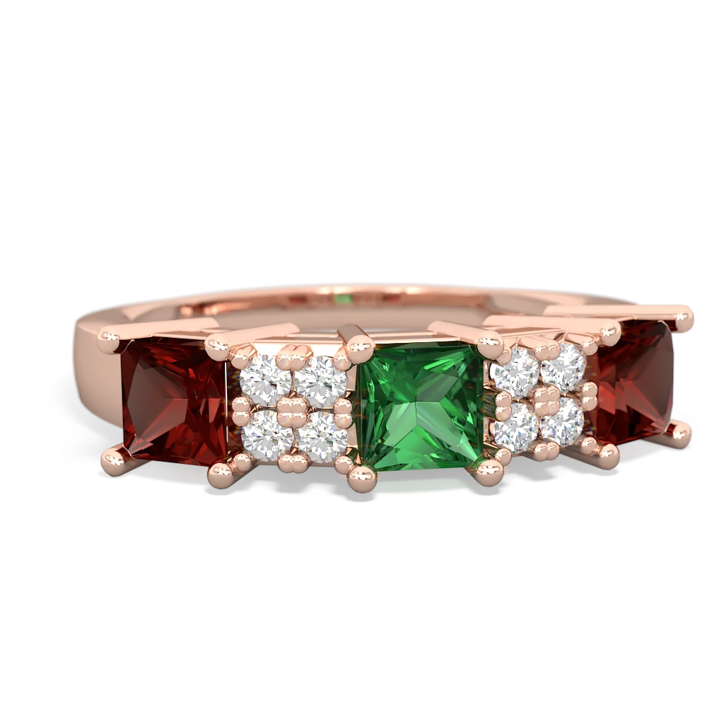 Lab Emerald Three Stone Diamond Cluster 14K Rose Gold ring R2592