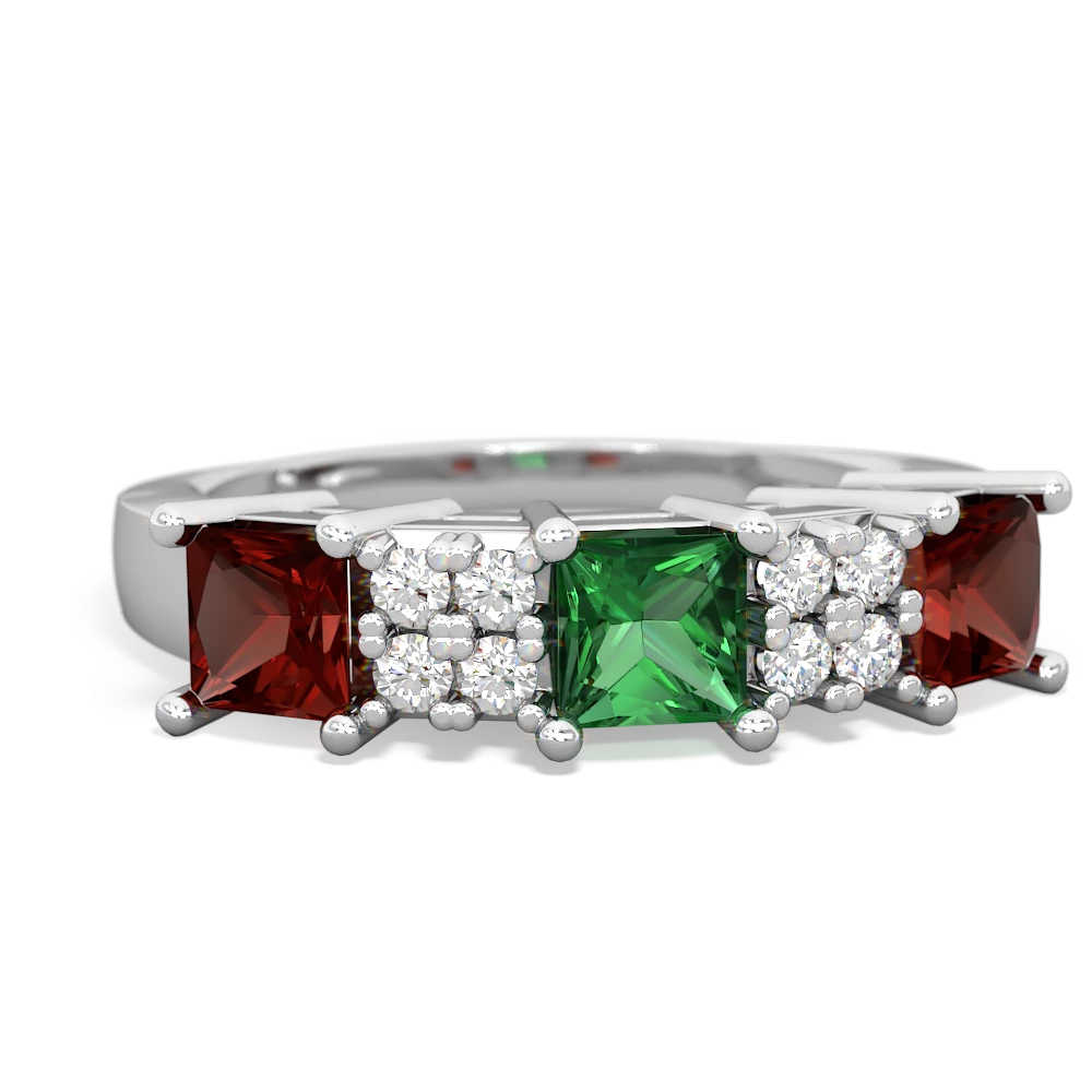 Lab Emerald Three Stone Diamond Cluster 14K White Gold ring R2592