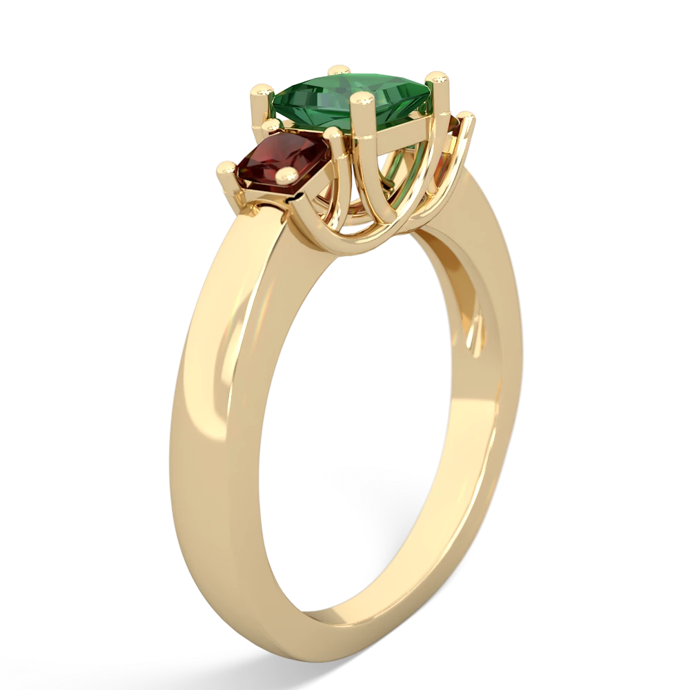 Lab Emerald Three Stone Trellis 14K Yellow Gold ring R4015