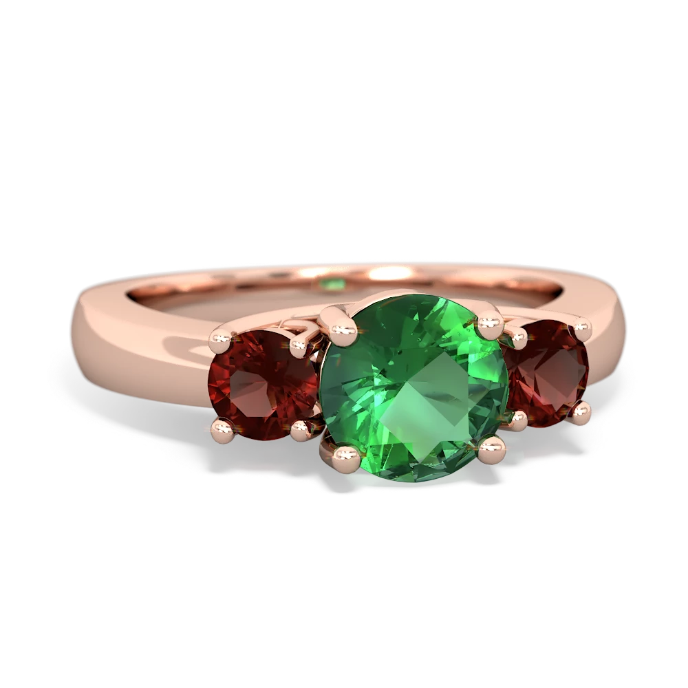 Lab Emerald Three Stone Round Trellis 14K Rose Gold ring R4018