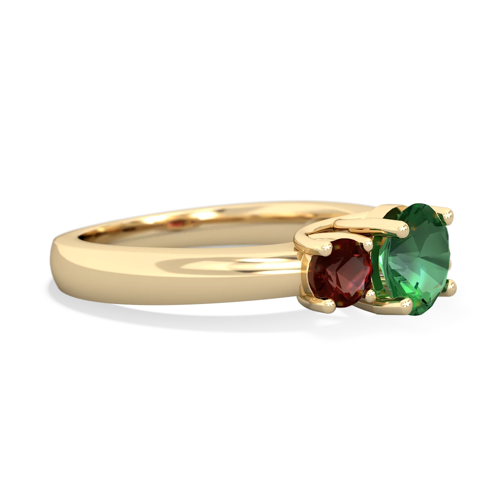 Lab Emerald Three Stone Round Trellis 14K Yellow Gold ring R4018