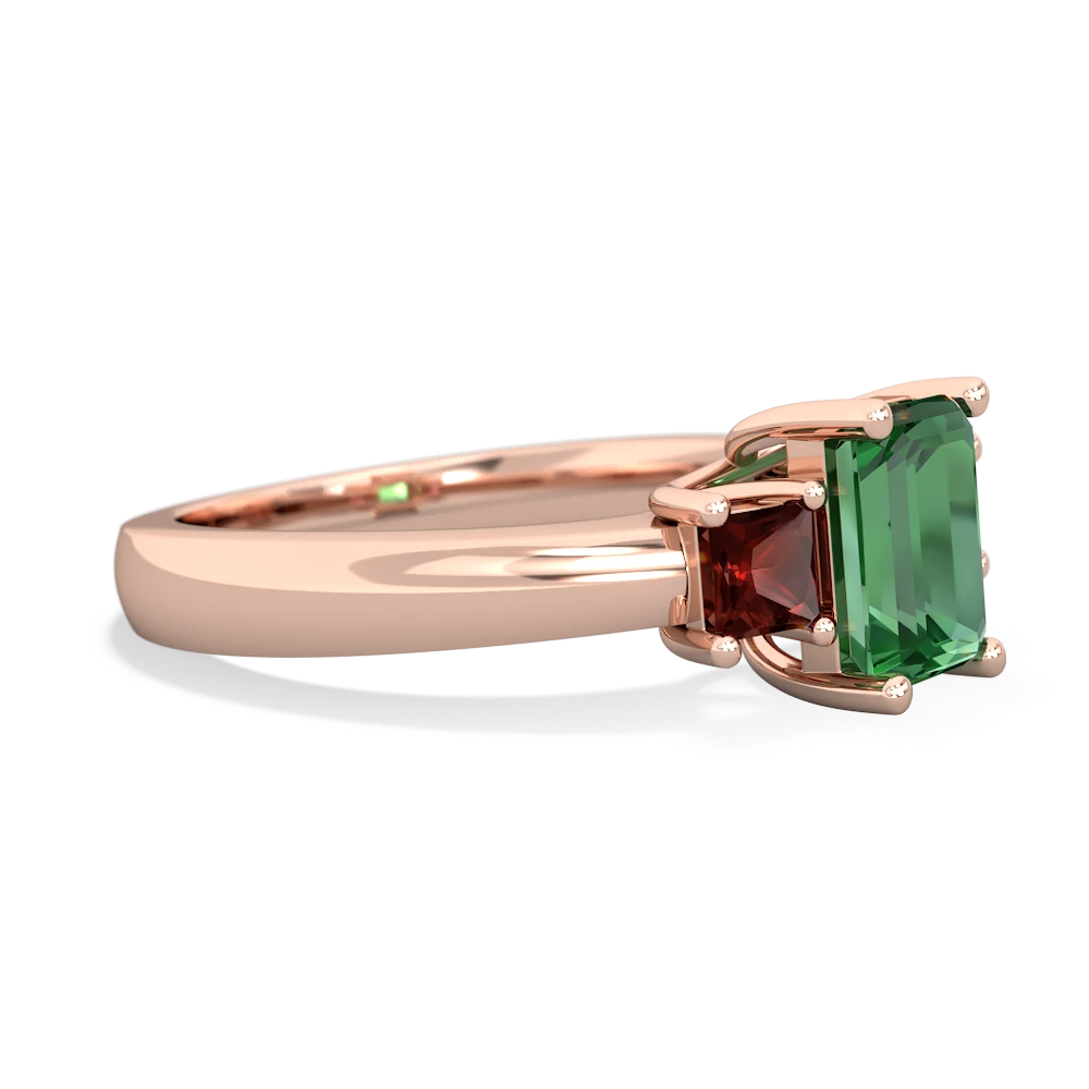 Lab Emerald Three Stone Emerald-Cut Trellis 14K Rose Gold ring R4021