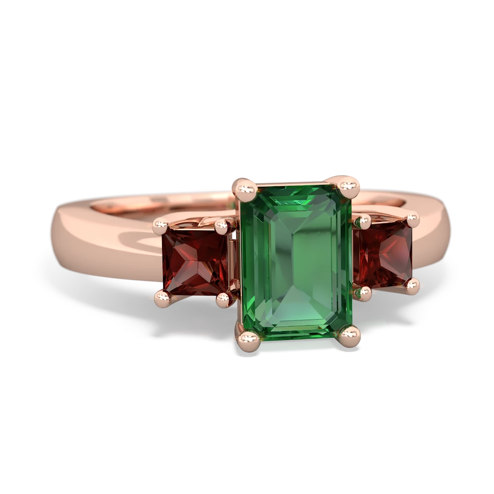 Lab Emerald Three Stone Emerald-Cut Trellis 14K Rose Gold ring R4021