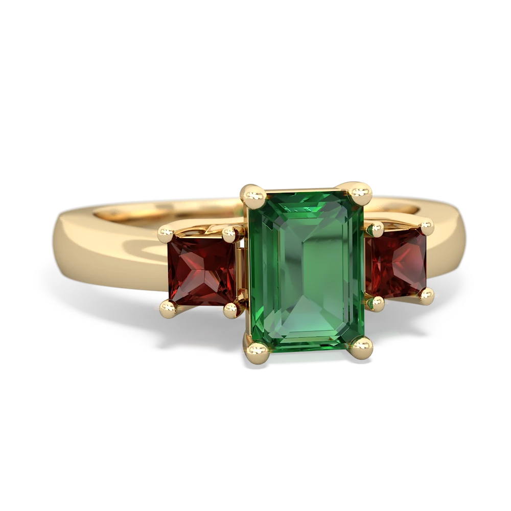 Lab Emerald Three Stone Emerald-Cut Trellis 14K Yellow Gold ring R4021