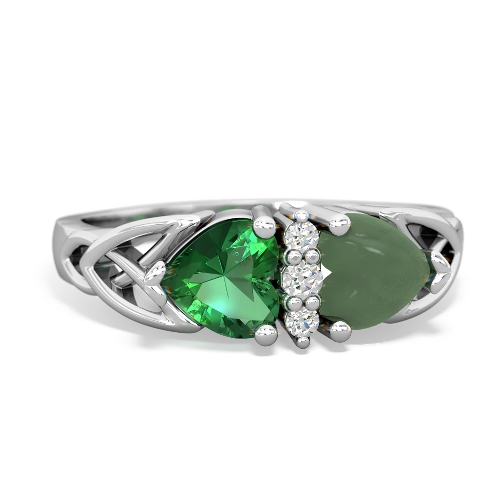 Lab Emerald Celtic Knot Double Heart 14K White Gold ring R5040