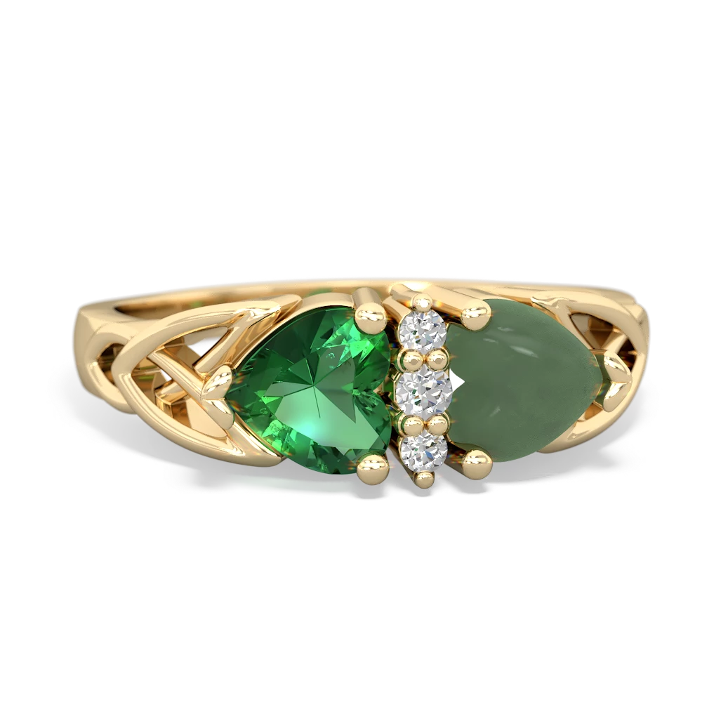 Lab Emerald Celtic Knot Double Heart 14K Yellow Gold ring R5040