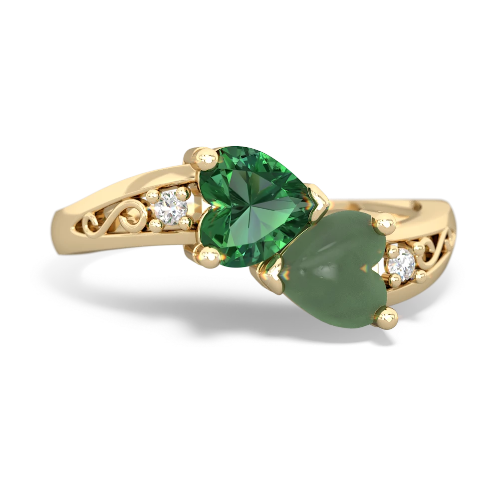 Lab Emerald Snuggling Hearts 14K Yellow Gold ring R2178