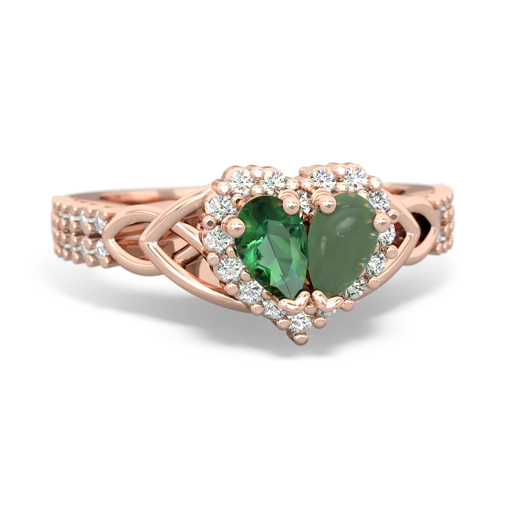 Lab Emerald Celtic Knot Two Hearts As One 14K Rose Gold ring R2644HRT