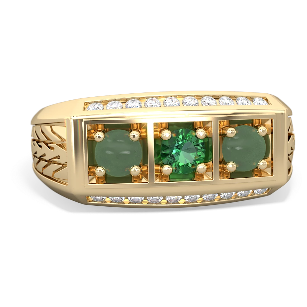 Lab Emerald Three Stone Tire Tread Men's 14K Yellow Gold ring R0520