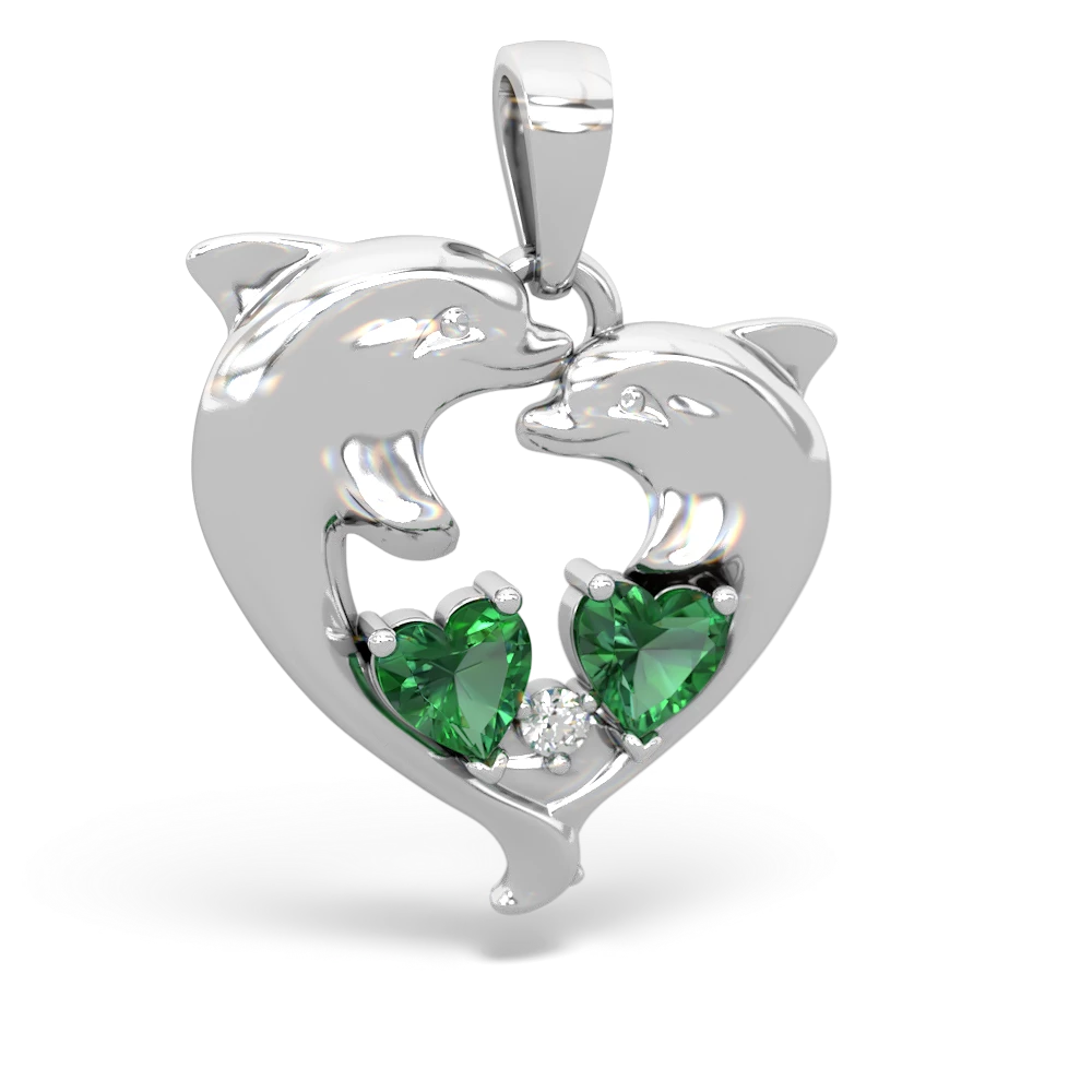 Lab Emerald Dolphin Heart 14K White Gold pendant P5820