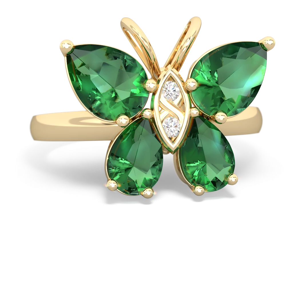 Lab Emerald Butterfly 14K Yellow Gold ring R2215