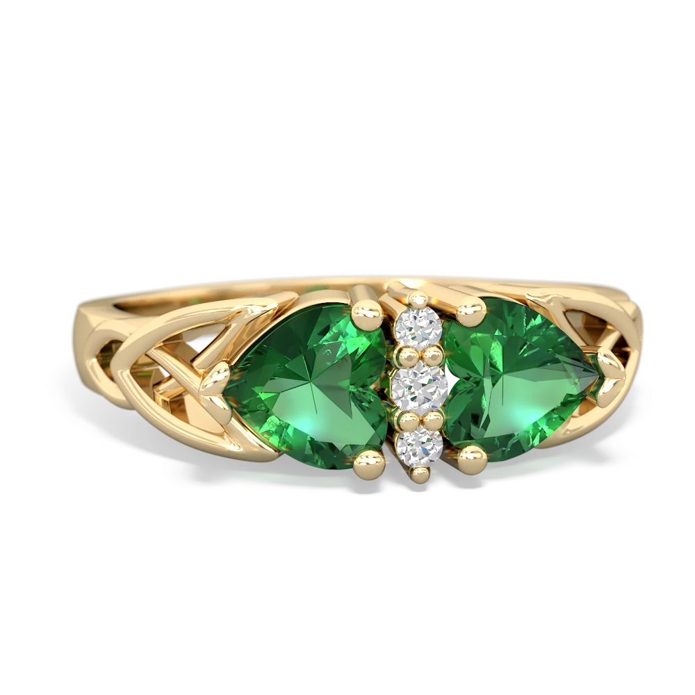 Lab Emerald Celtic Knot Double Heart 14K Yellow Gold ring R5040