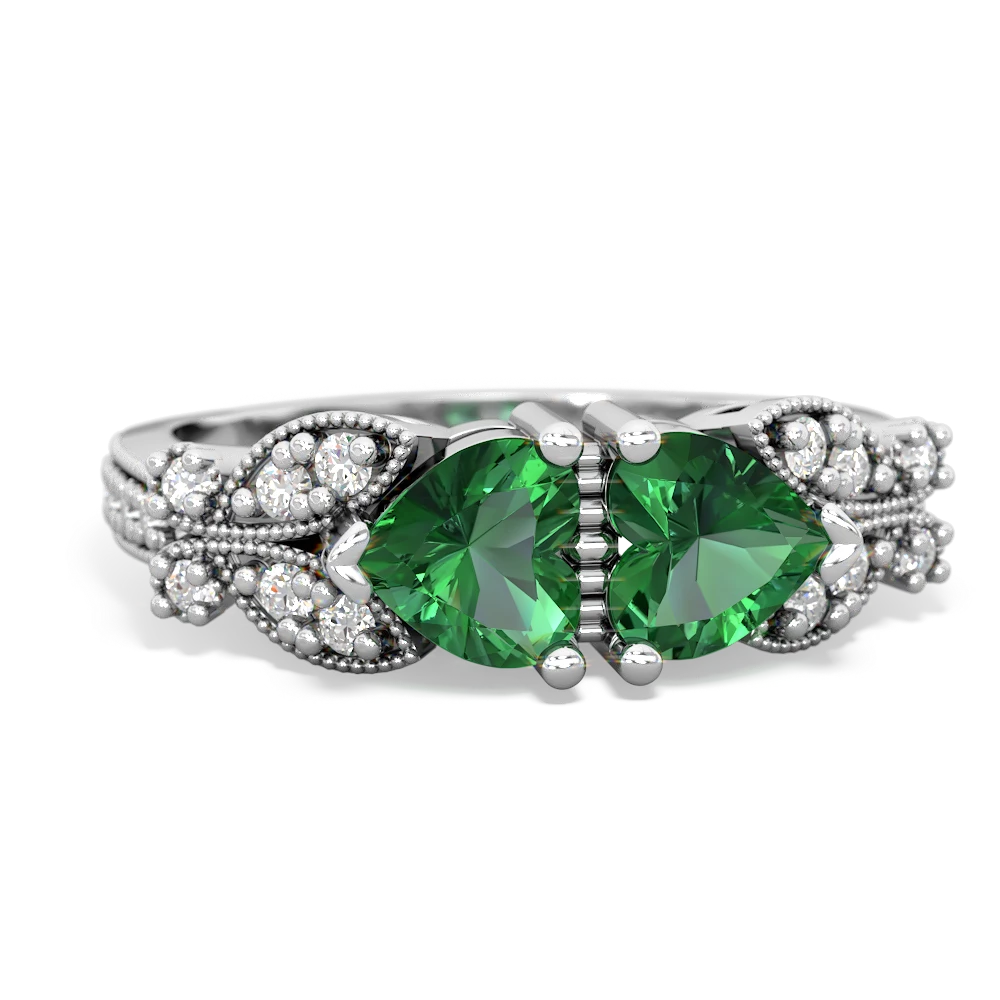 Lab Emerald Diamond Butterflies 14K White Gold ring R5601