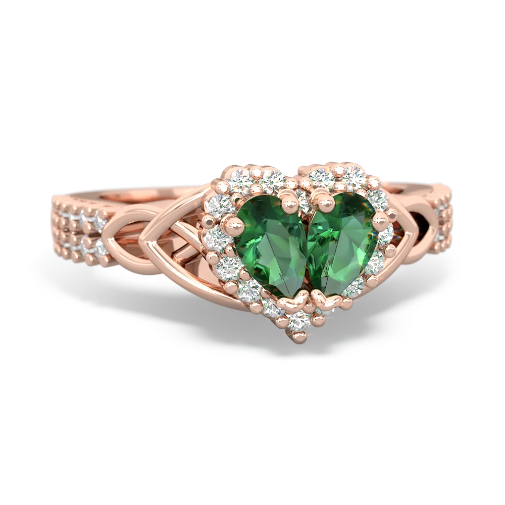 Lab Emerald Celtic Knot Two Hearts As One 14K Rose Gold ring R2644HRT