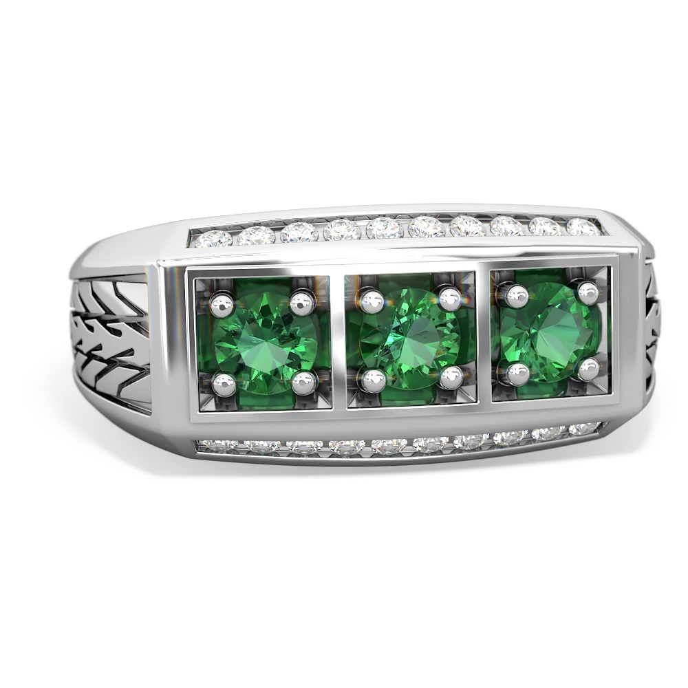 Lab Emerald Three Stone Tire Tread Men's 14K White Gold ring R0520