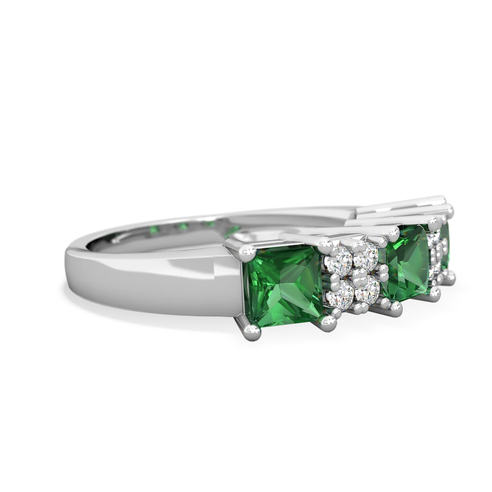 Lab Emerald Three Stone Diamond Cluster 14K White Gold ring R2592