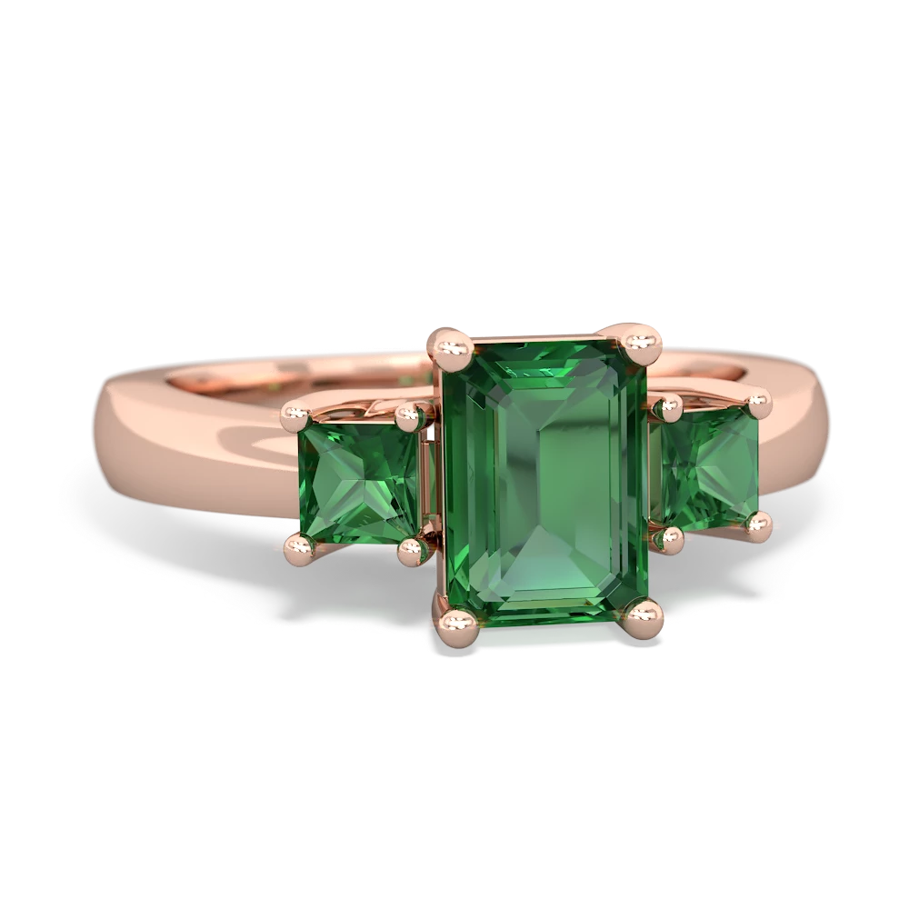 Lab Ruby Three Stone Emerald-Cut Trellis 14K Rose Gold ring R4021