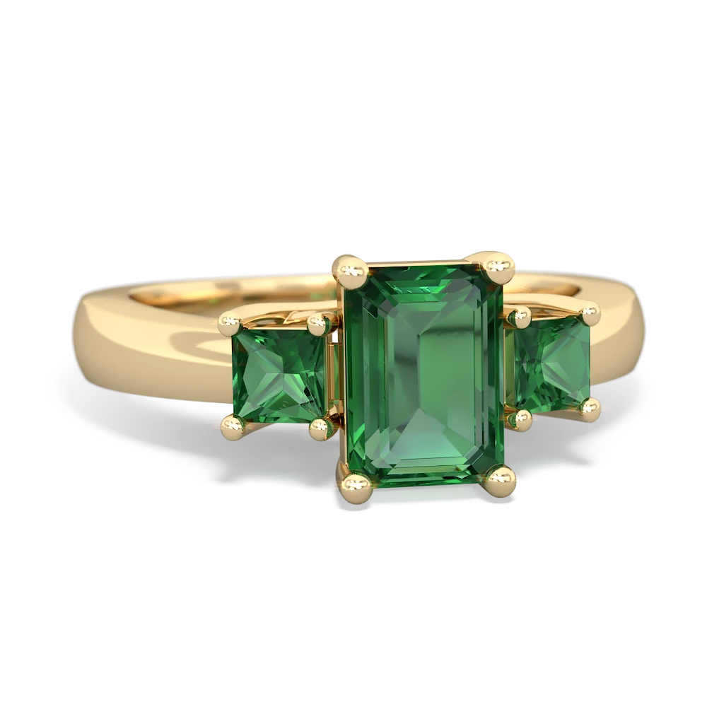 Lab Ruby Three Stone Emerald-Cut Trellis 14K Yellow Gold ring R4021