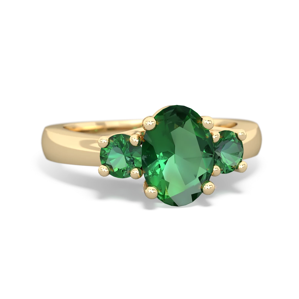 Lab Emerald Three Stone Oval Trellis 14K Yellow Gold ring R4024