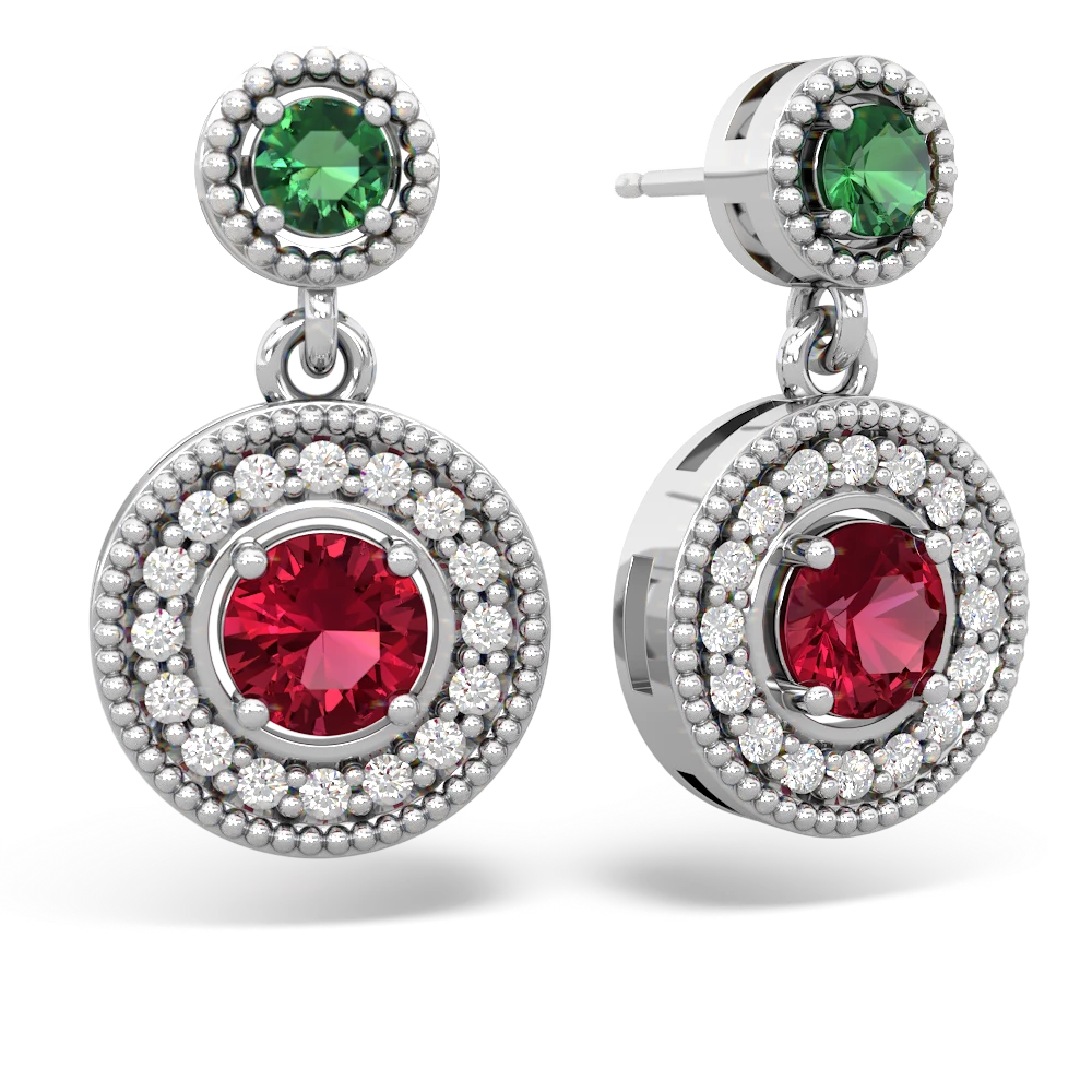 Lab Emerald Halo Dangle 14K White Gold earrings E5319