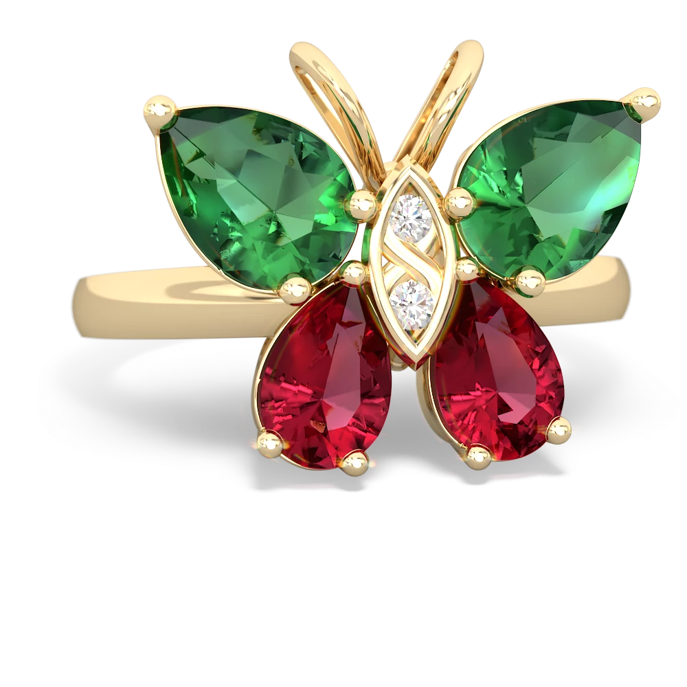 Lab Emerald Butterfly 14K Yellow Gold ring R2215