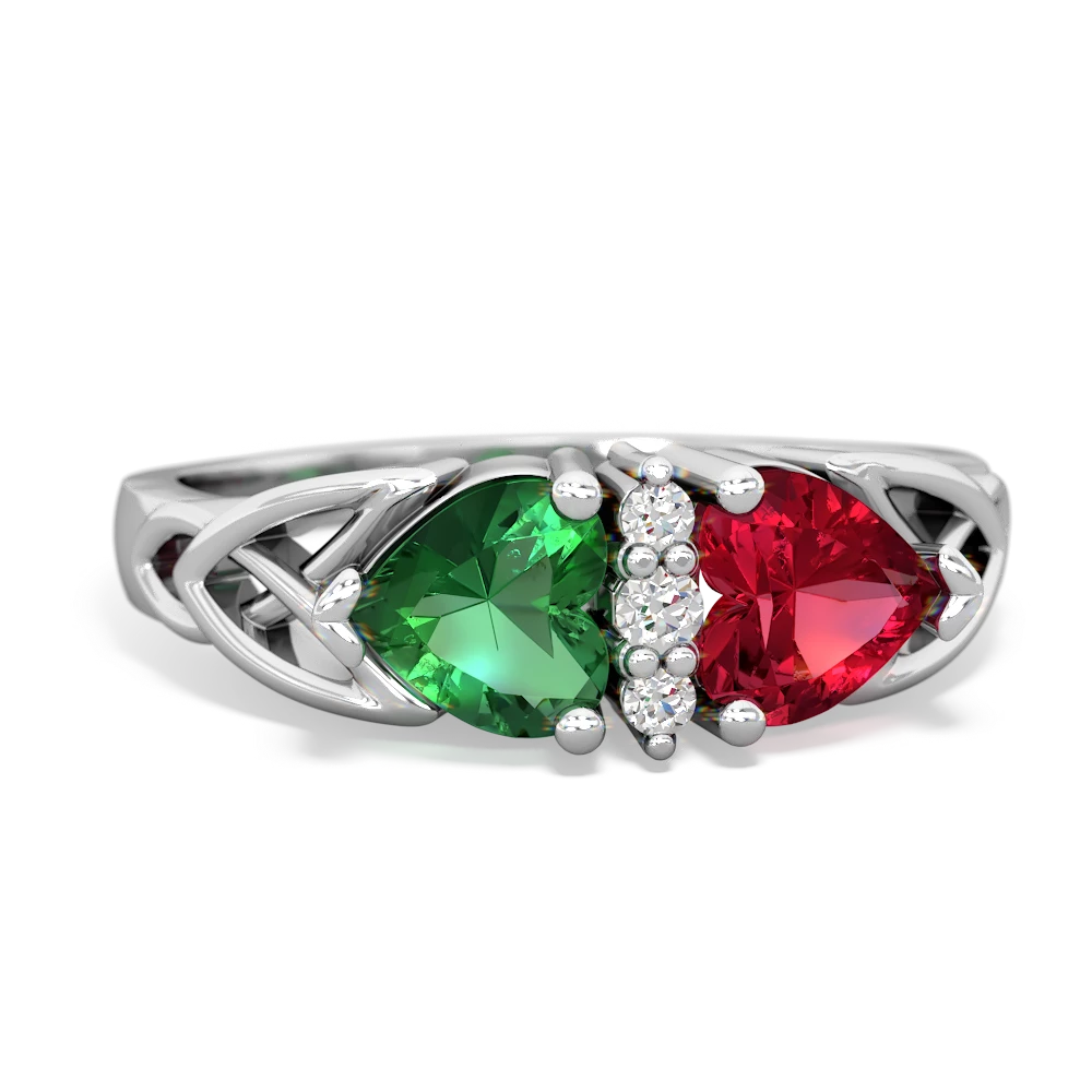 Lab Emerald Celtic Knot Double Heart 14K White Gold ring R5040