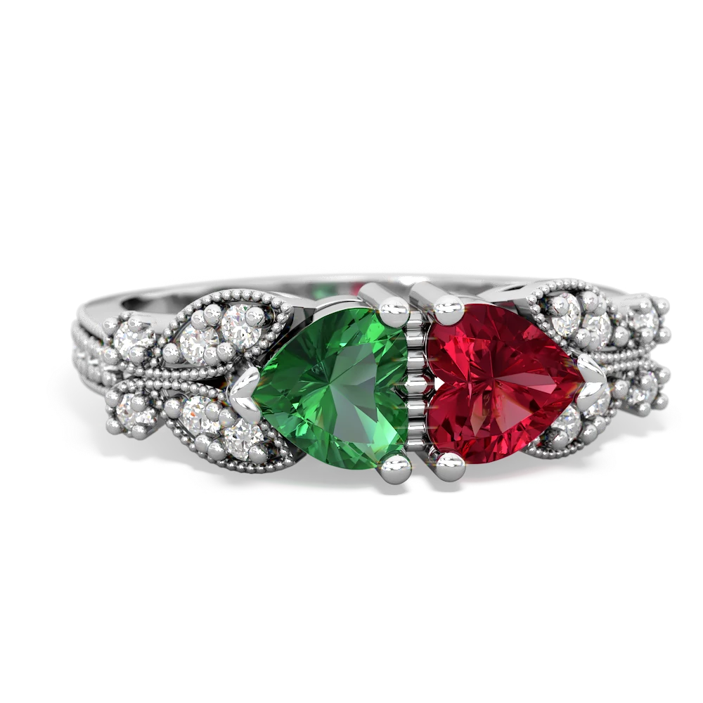 Lab Emerald Diamond Butterflies 14K White Gold ring R5601