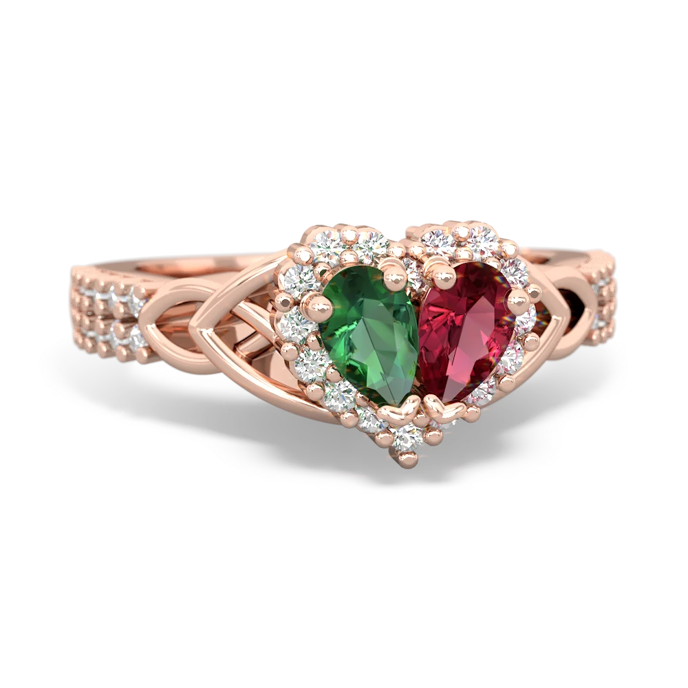 Lab Emerald Celtic Knot Two Hearts As One 14K Rose Gold ring R2644HRT