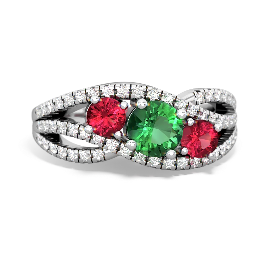 Lab Emerald Three Stone Aurora 14K White Gold ring R3080