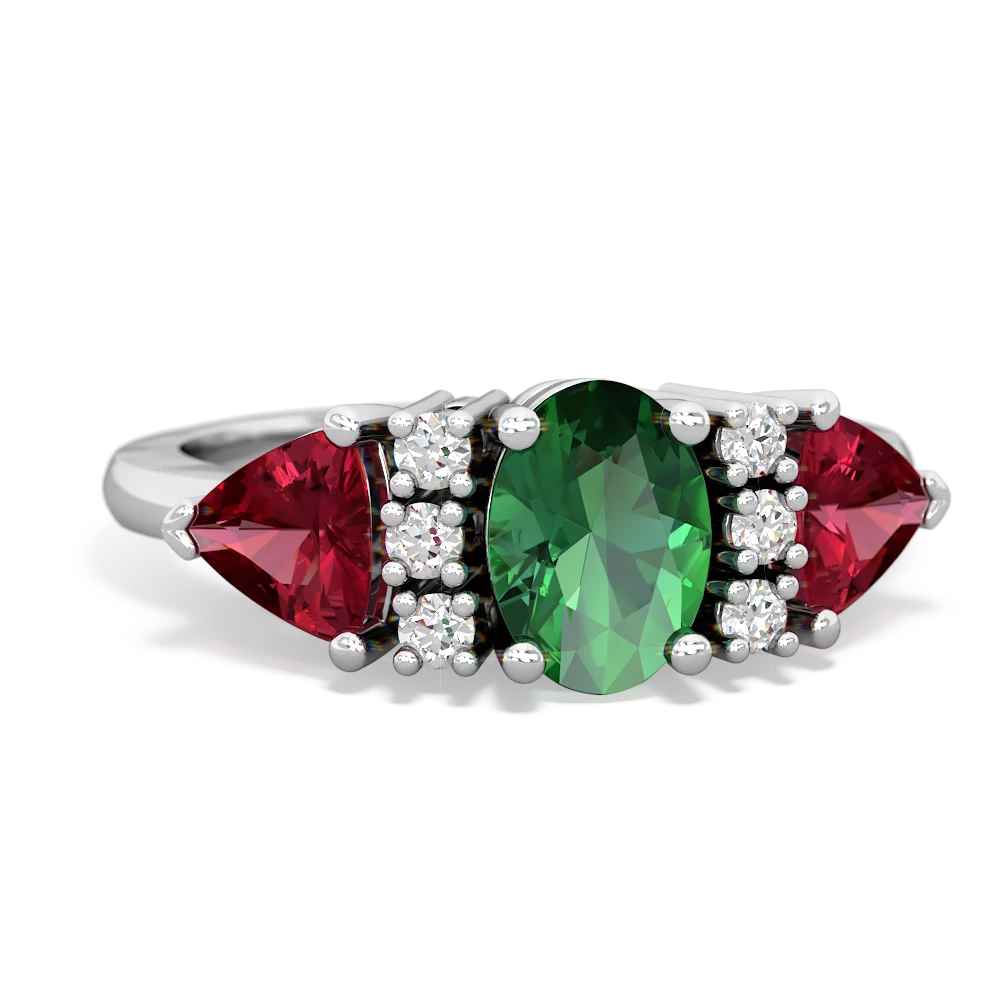 Lab Emerald Antique Style Three Stone 14K White Gold ring R2186