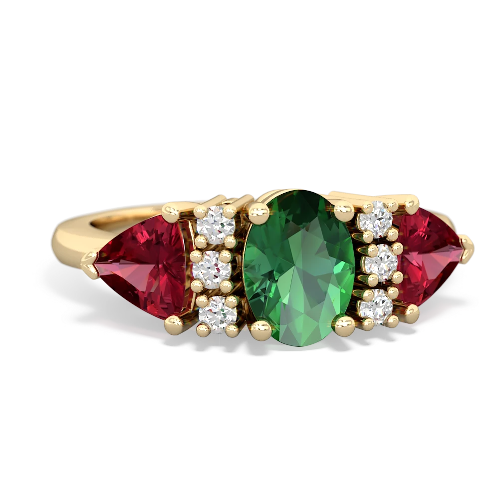 Lab Emerald Antique Style Three Stone 14K Yellow Gold ring R2186