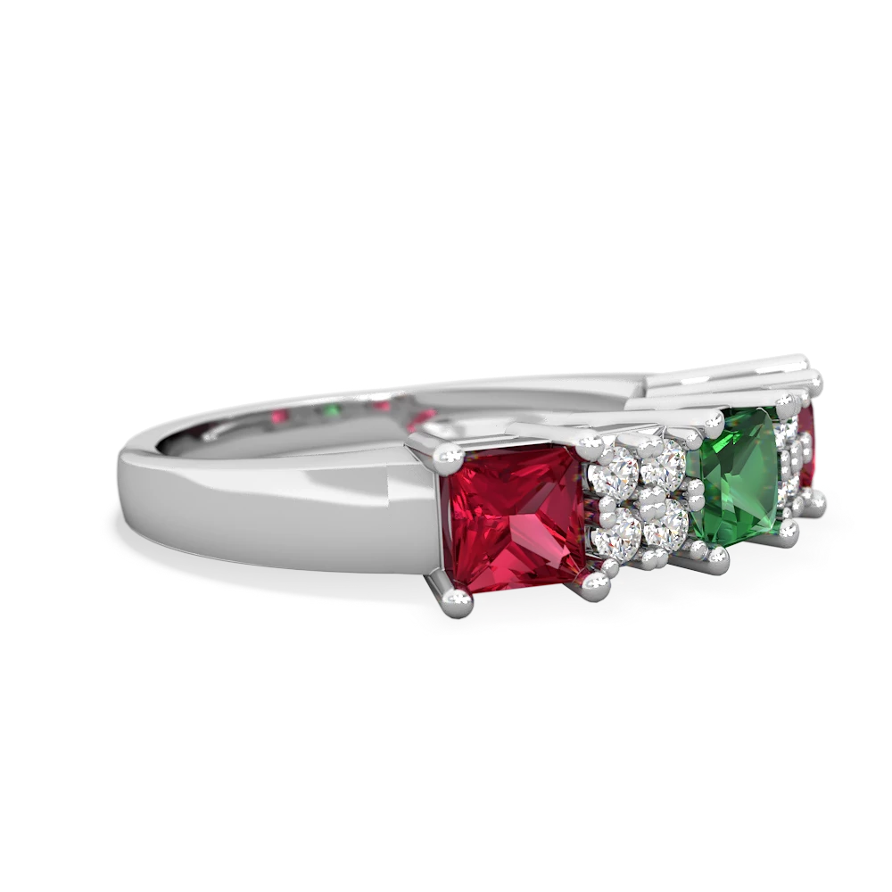 Lab Emerald Three Stone Diamond Cluster 14K White Gold ring R2592