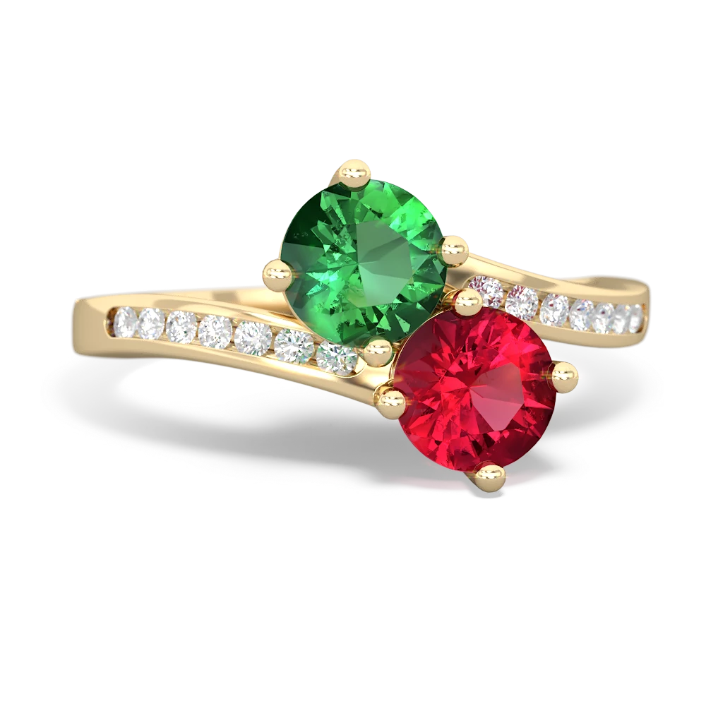 Lab Emerald Channel Set Two Stone 14K Yellow Gold ring R5303