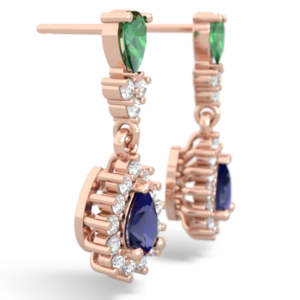 Lab Emerald Halo Pear Dangle 14K Rose Gold earrings E1882