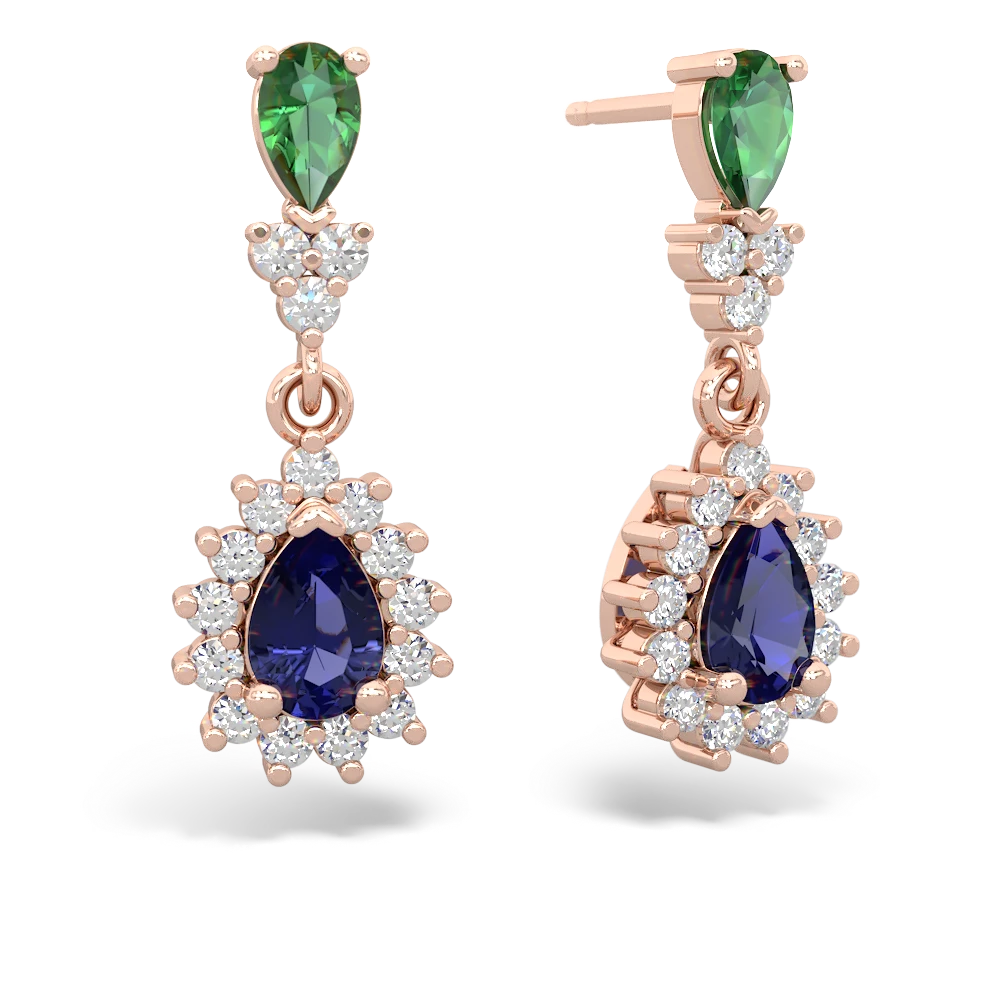 Lab Emerald Halo Pear Dangle 14K Rose Gold earrings E1882